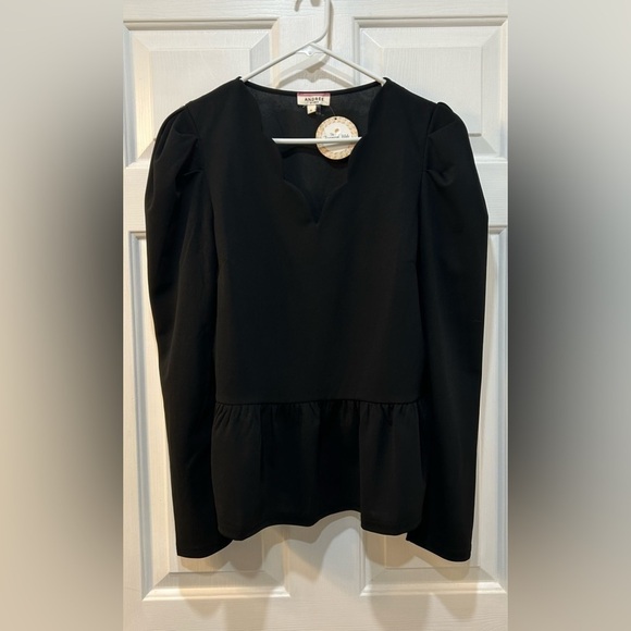 Andree By Unit Elodie Puff Sleeve Scalloped Blouse Tiered Hem Top Women Sz L - Picture 1 of 7